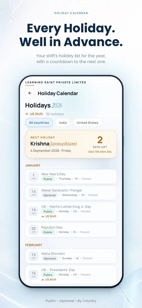 Abhishek International HRMS: Holiday calendar