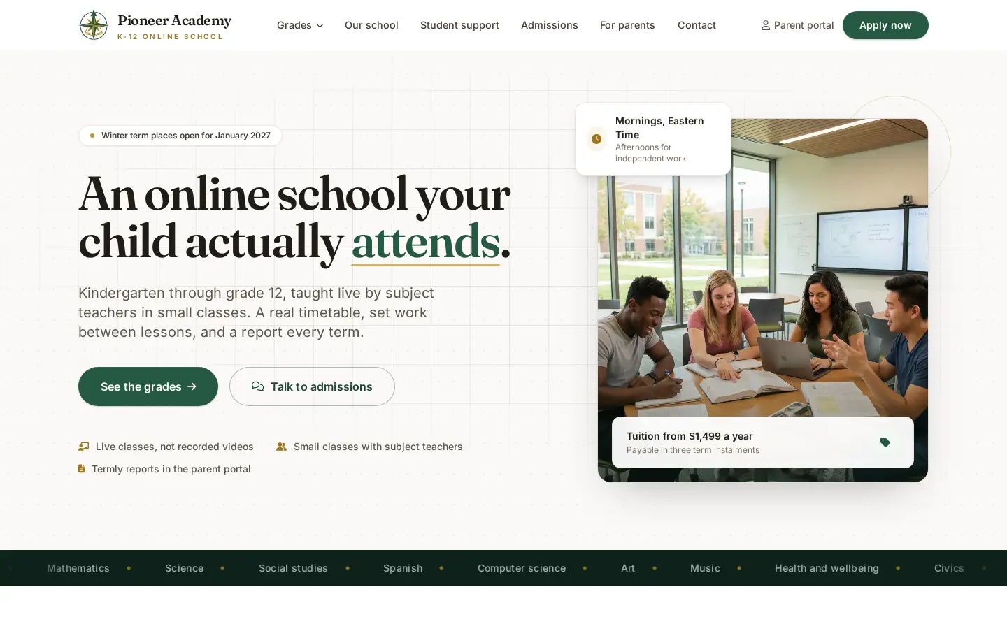 Pioneer Academy website — homepage